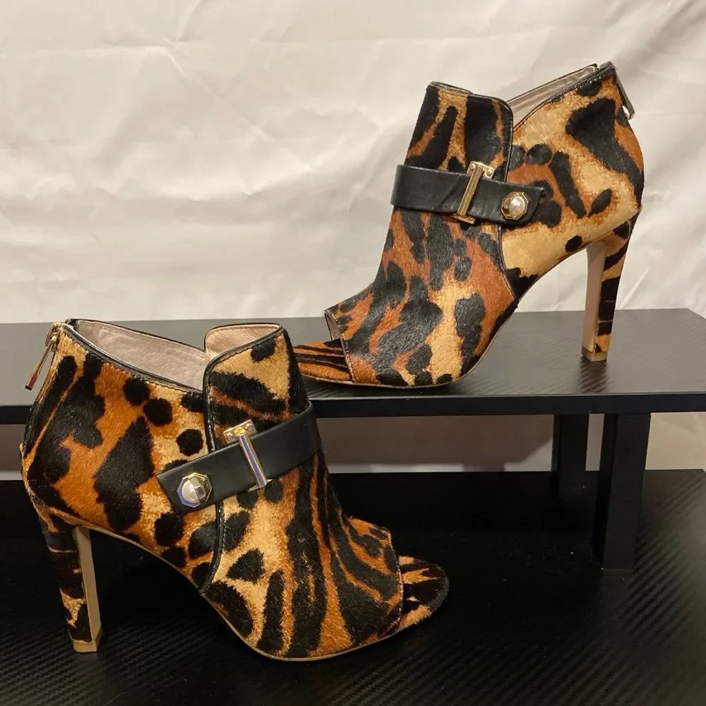 Louise et Cie Lo Lander 3 Leopard Bootie Calf Pony Hair‎ Fur Peep Heel Zip Gold